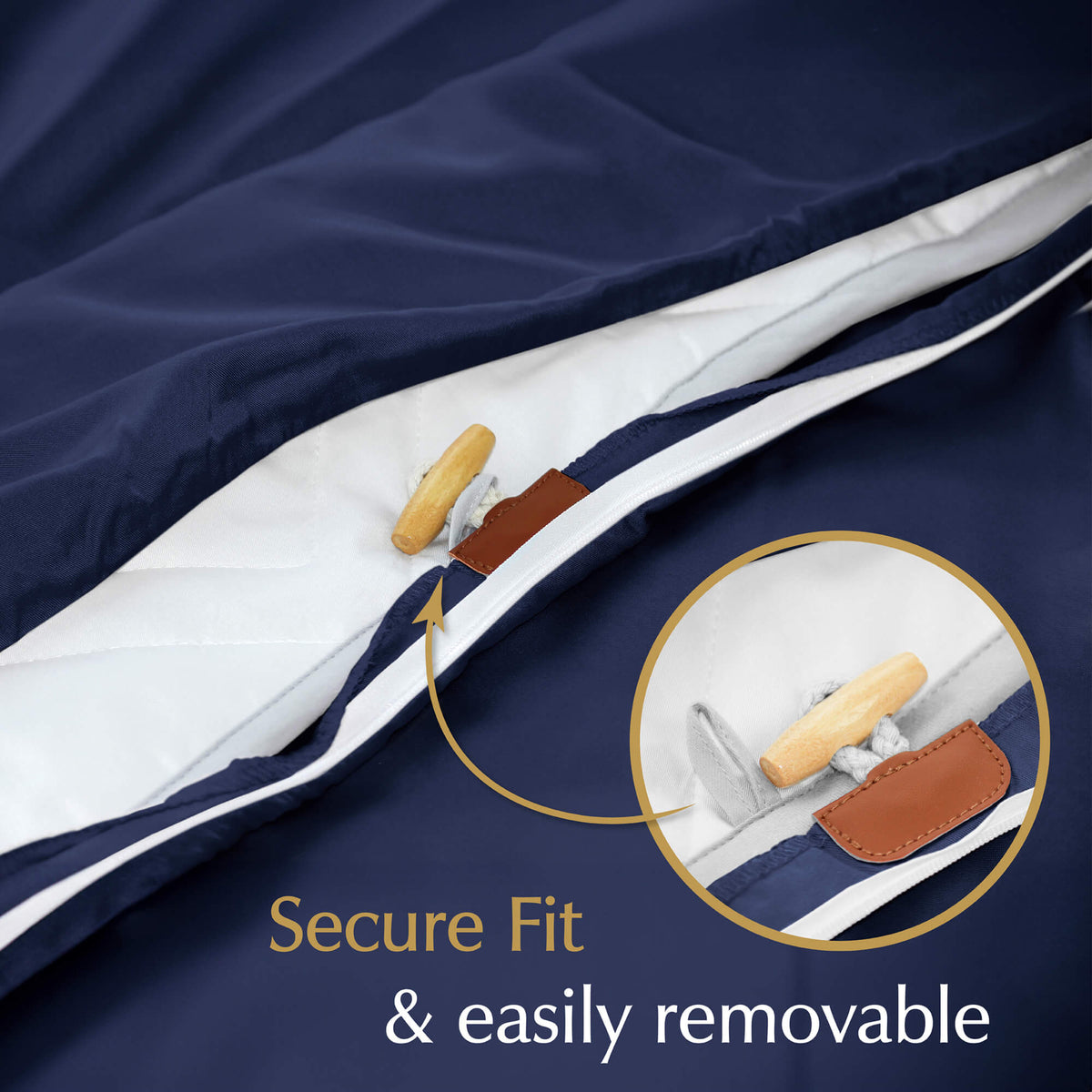 removable weighted blanket cover in midnight blue with toggles to match the loops for a secure fit