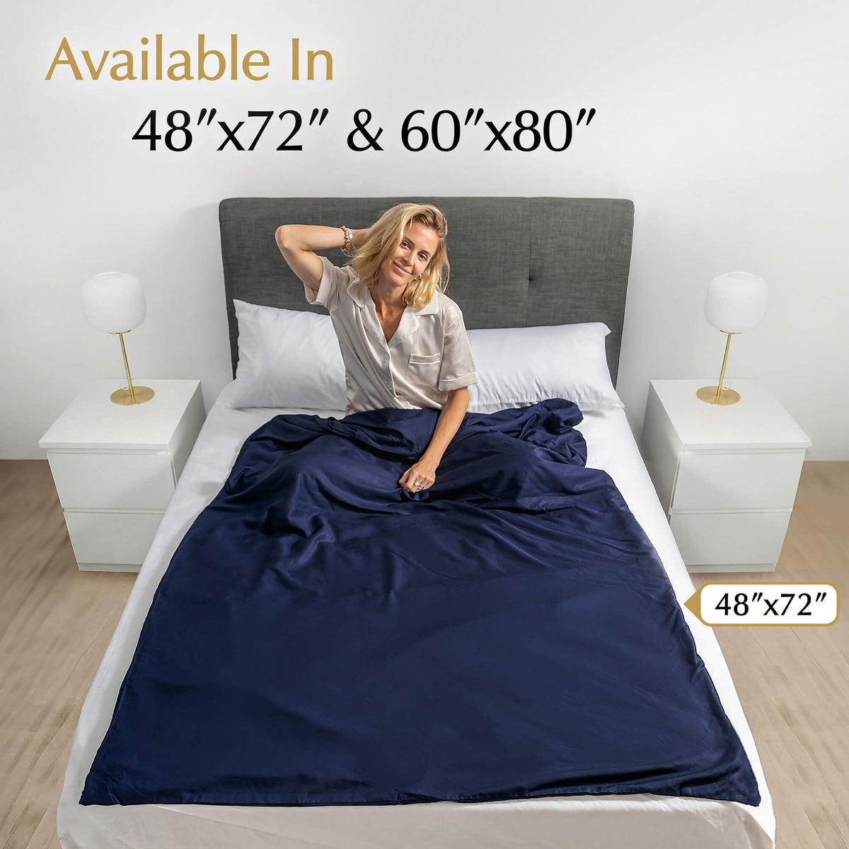 weighted blanket cover in midnight blue available in 48”x72” and 60”x80” for twin size bed and queen size bed