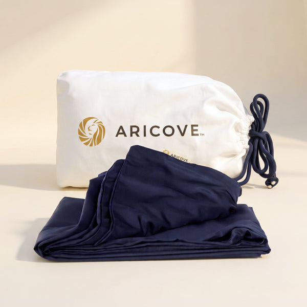 Aricove weighted blanket cover in midnight blue, folded with storage bag#color_Midnight-Blue