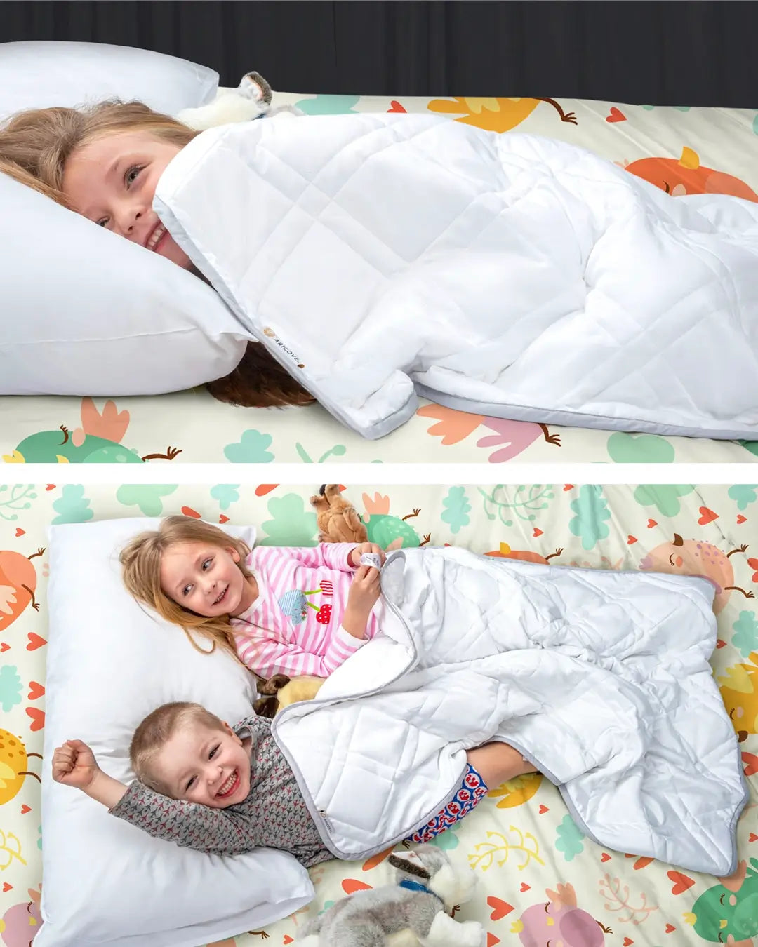 kids weighted blanket with children sleeping in bed