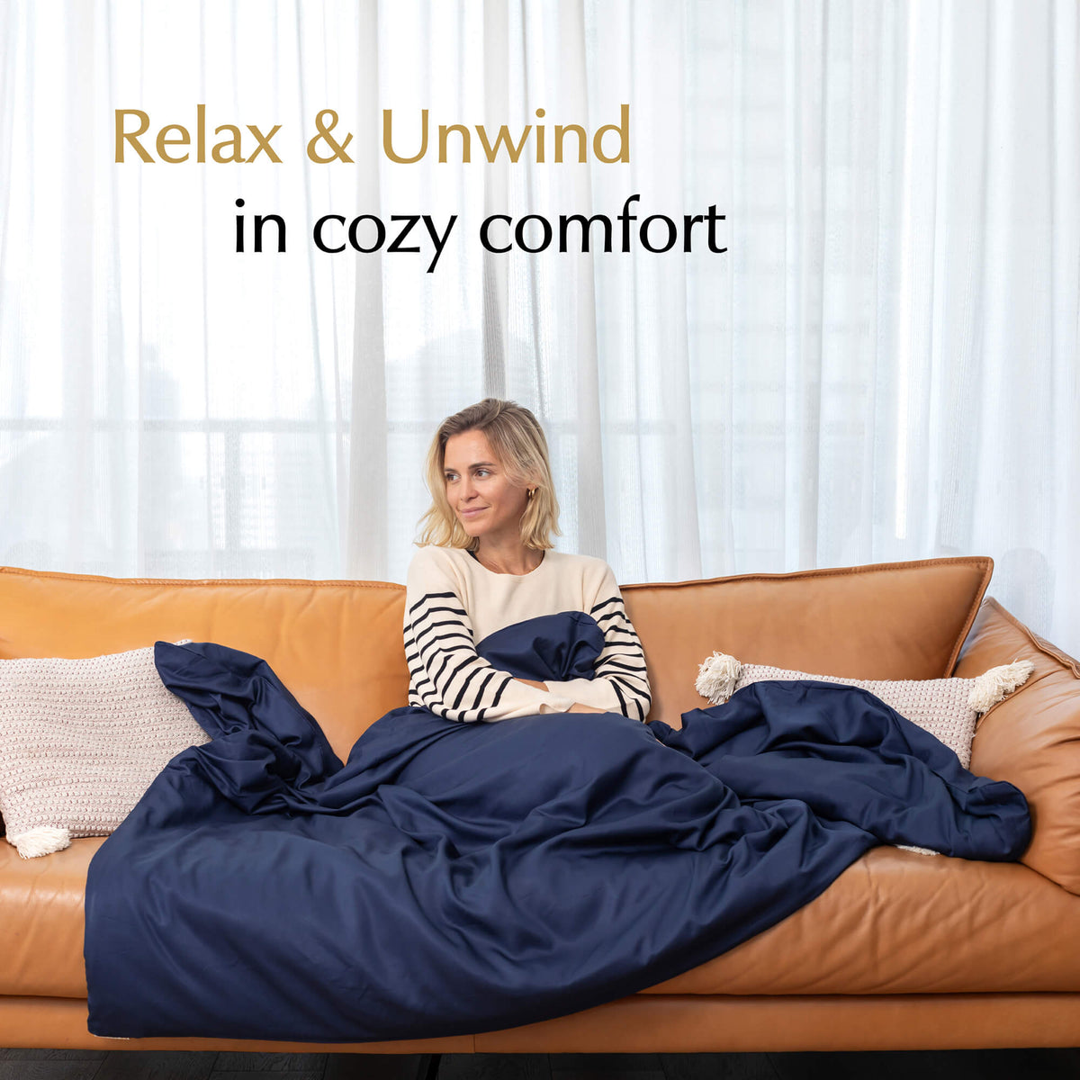 relax and unwind in cozy comfort with weighted blanket cover midnight blue on a couch