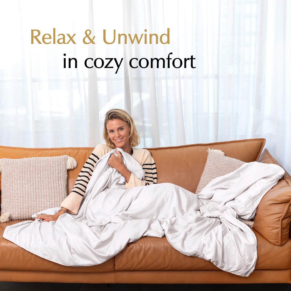 relax and unwind in cozy comfort with weighted blanket cover brilliant white on a couch