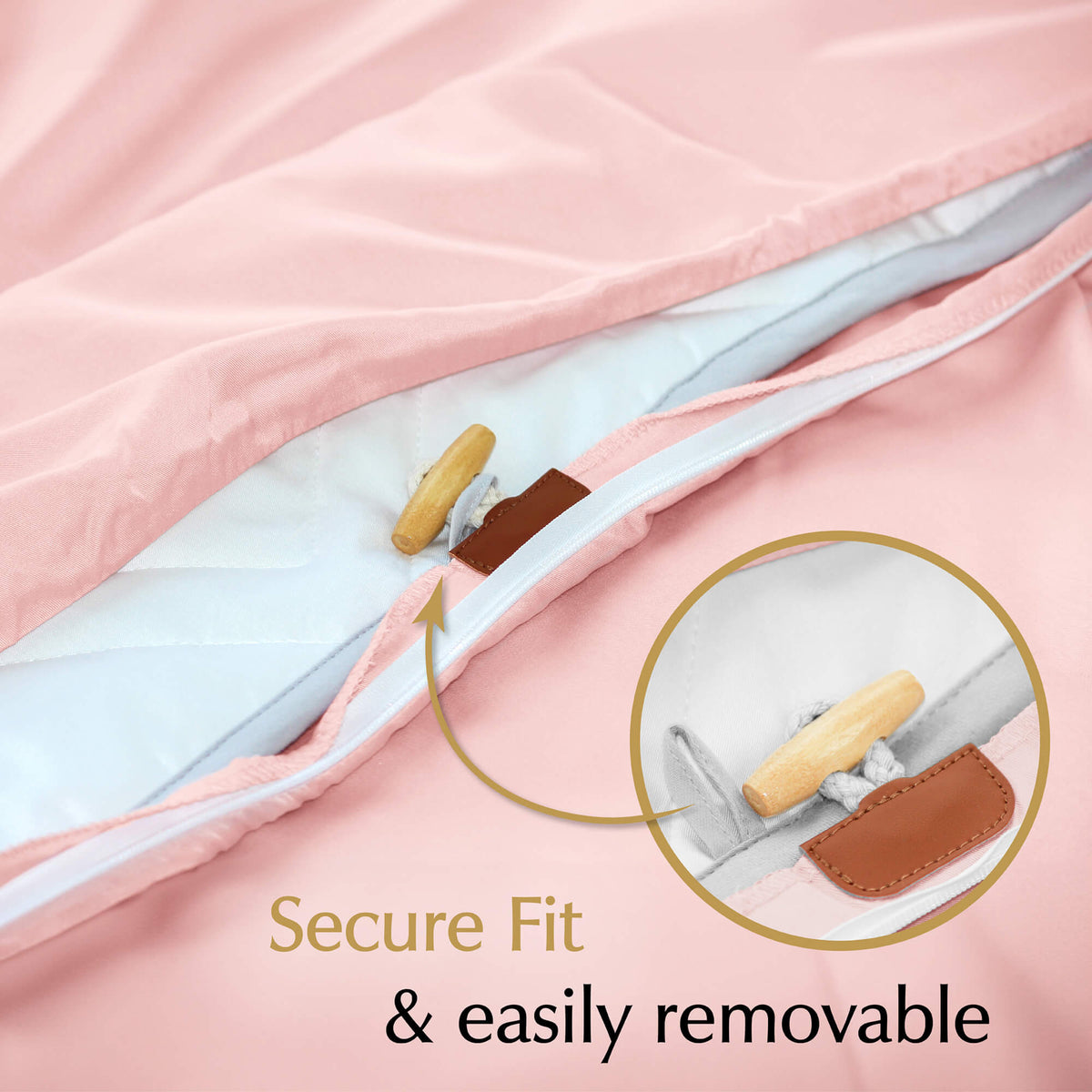 removable weighted blanket cover in pastel pink with toggles to match the loops for a secure fit