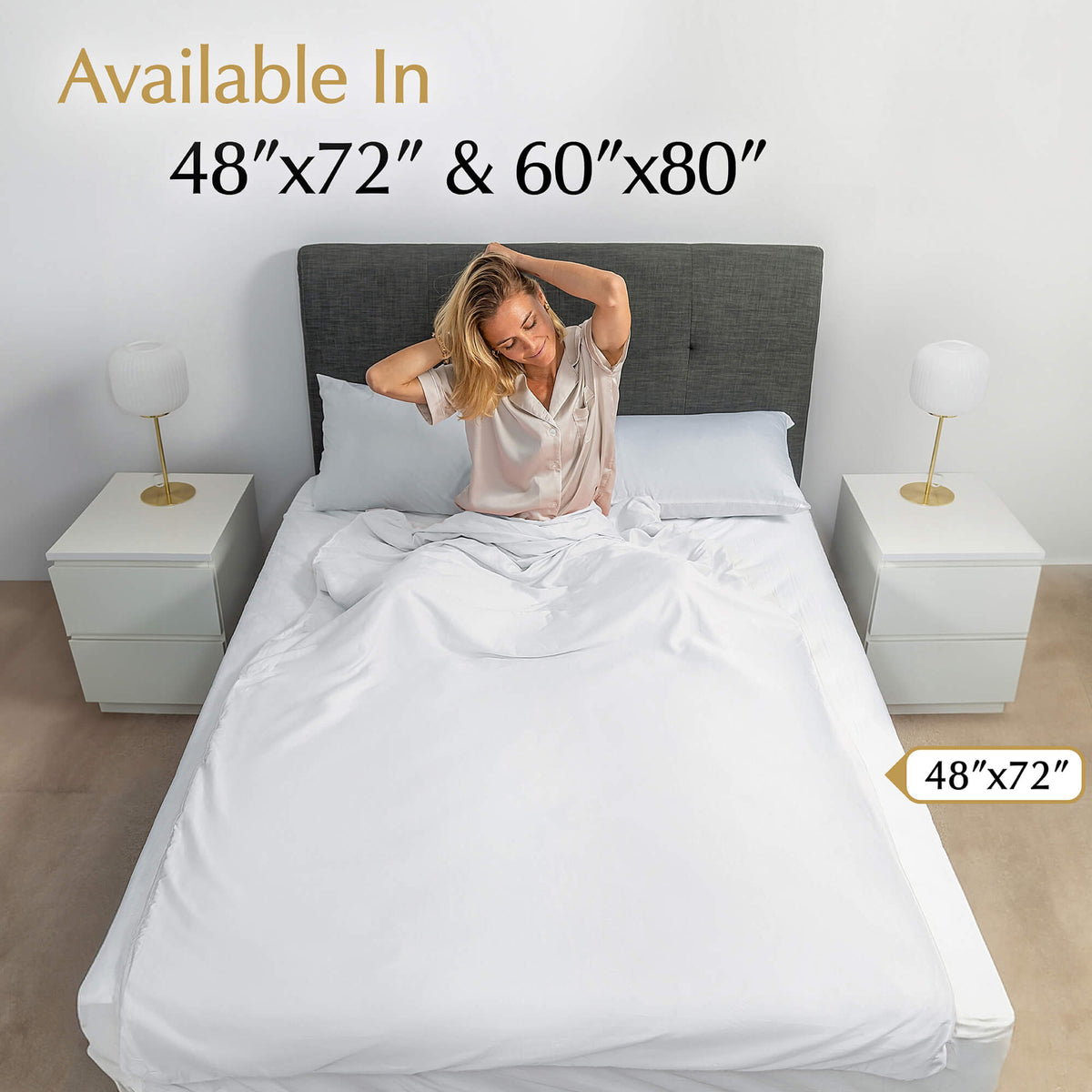 weighted blanket cover in brilliant white available in 48”x72” and 60”x80” for twin size bed and queen size bed