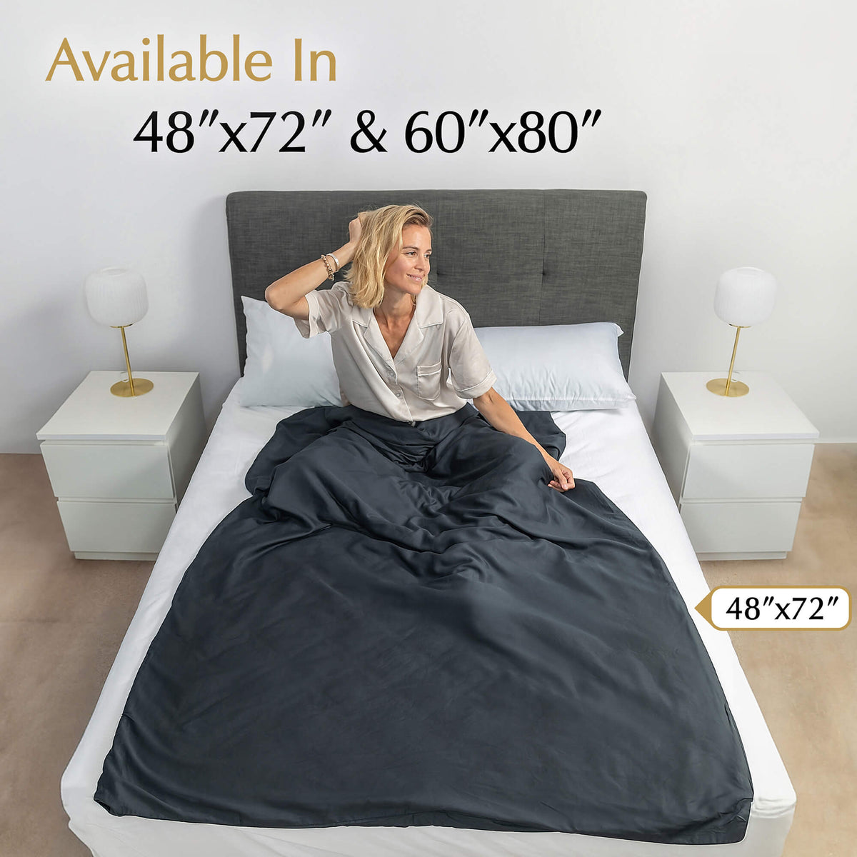 weighted blanket cover in charcoal grey available in 48”x72” and 60”x80” for twin size bed and queen size bed