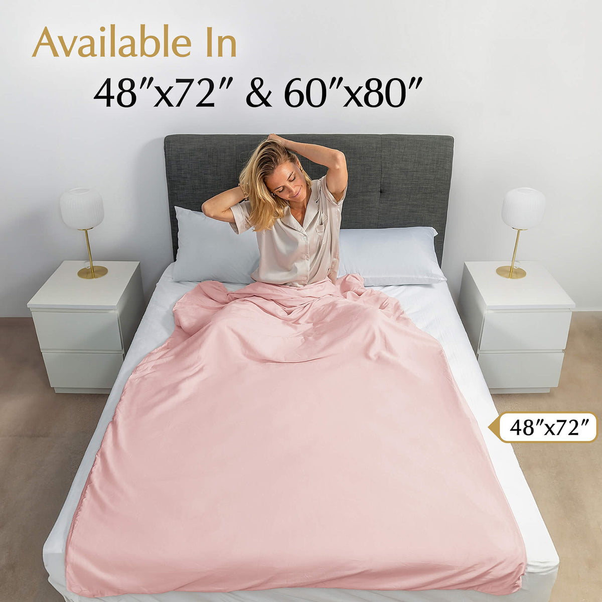 weighted blanket cover in pastel pink available in 48”x72” and 60”x80” for twin size bed and queen size bed