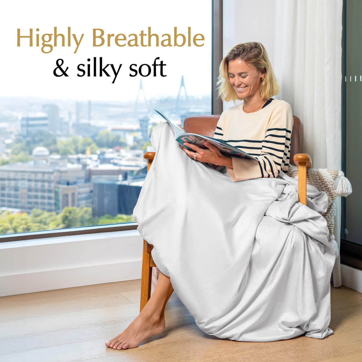 highly breathable and silky soft weighted blanket cover brilliant white on a chair