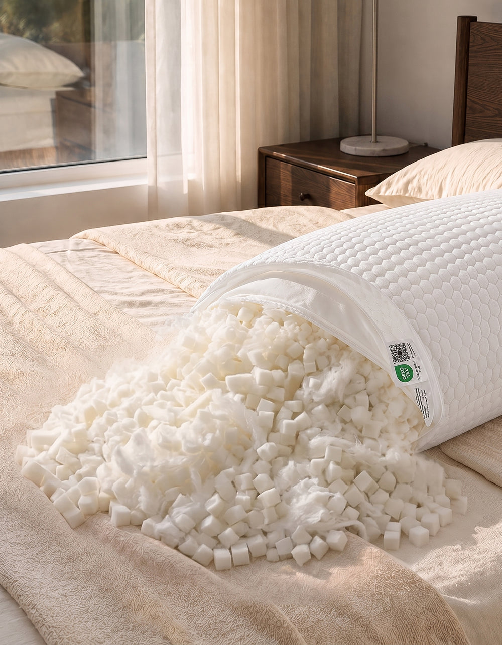 Aricove pillow with cross-cut memory foam and microfiber fill spilling out of the unzipped cover