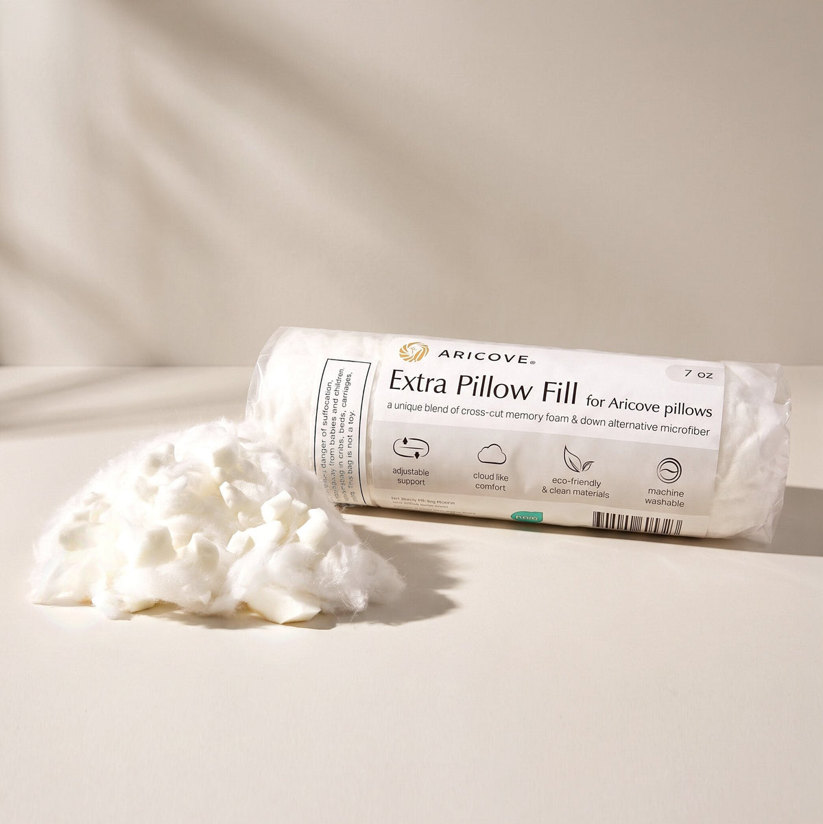 Aricove Extra Pillow Fill Pack - 7oz bag of cross-cut memory foam and down alternative microfibre