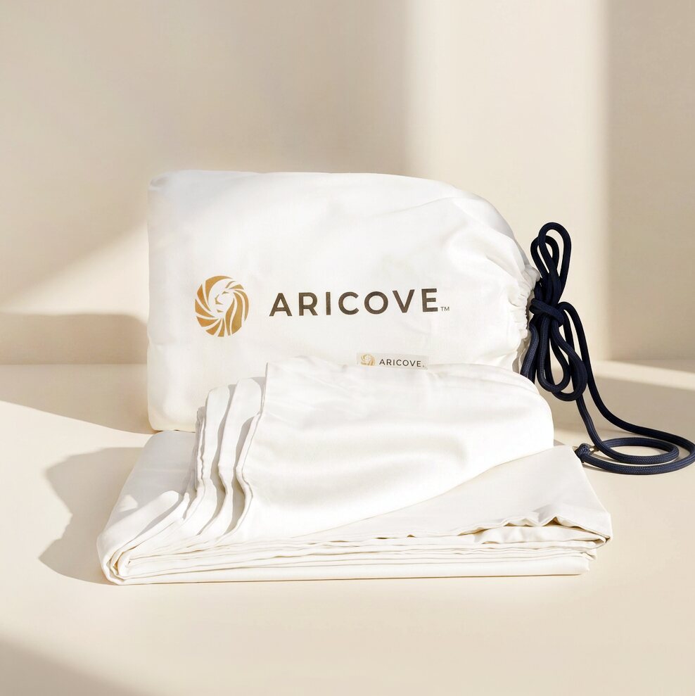 Aricove weighted blanket cover in brilliant white, folded with storage bag